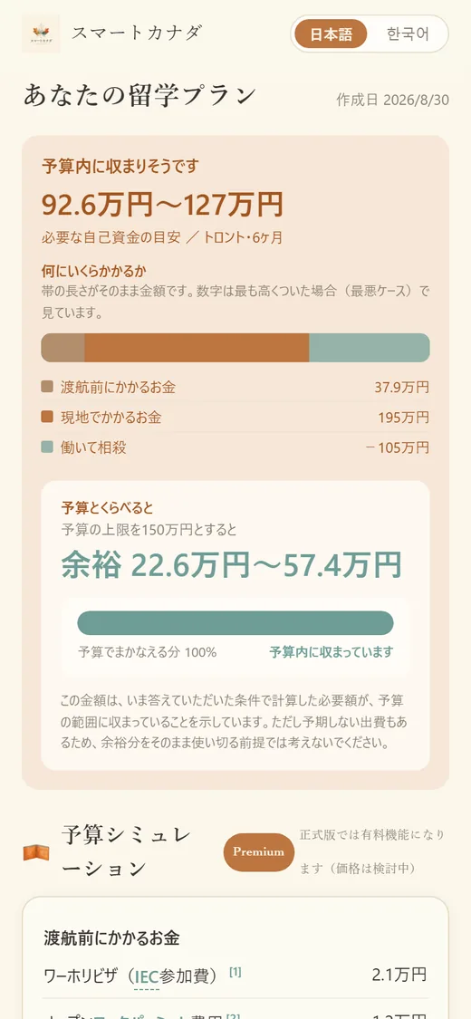 無料診断で作成される留学プランレポートの実際の画面